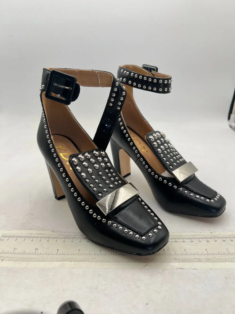 YDN Black Studded Block Heel Pumps Square Toe Ankle Strap High Heels Edgy Shoes